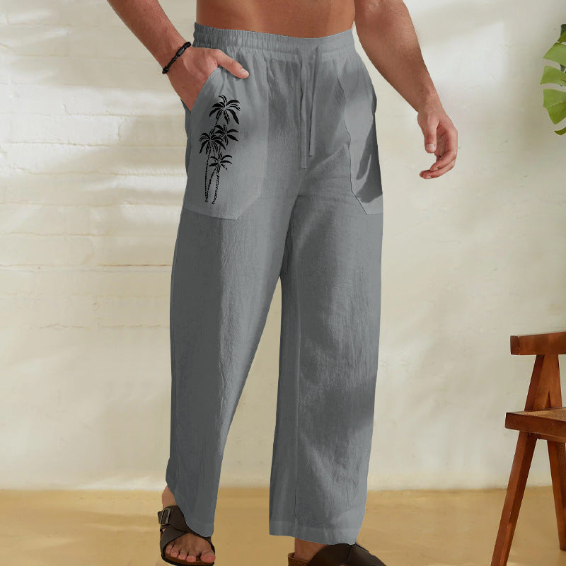 Herren Bequeme Leinenhose mit praktischem Kordelzug und Palmendruck R&B