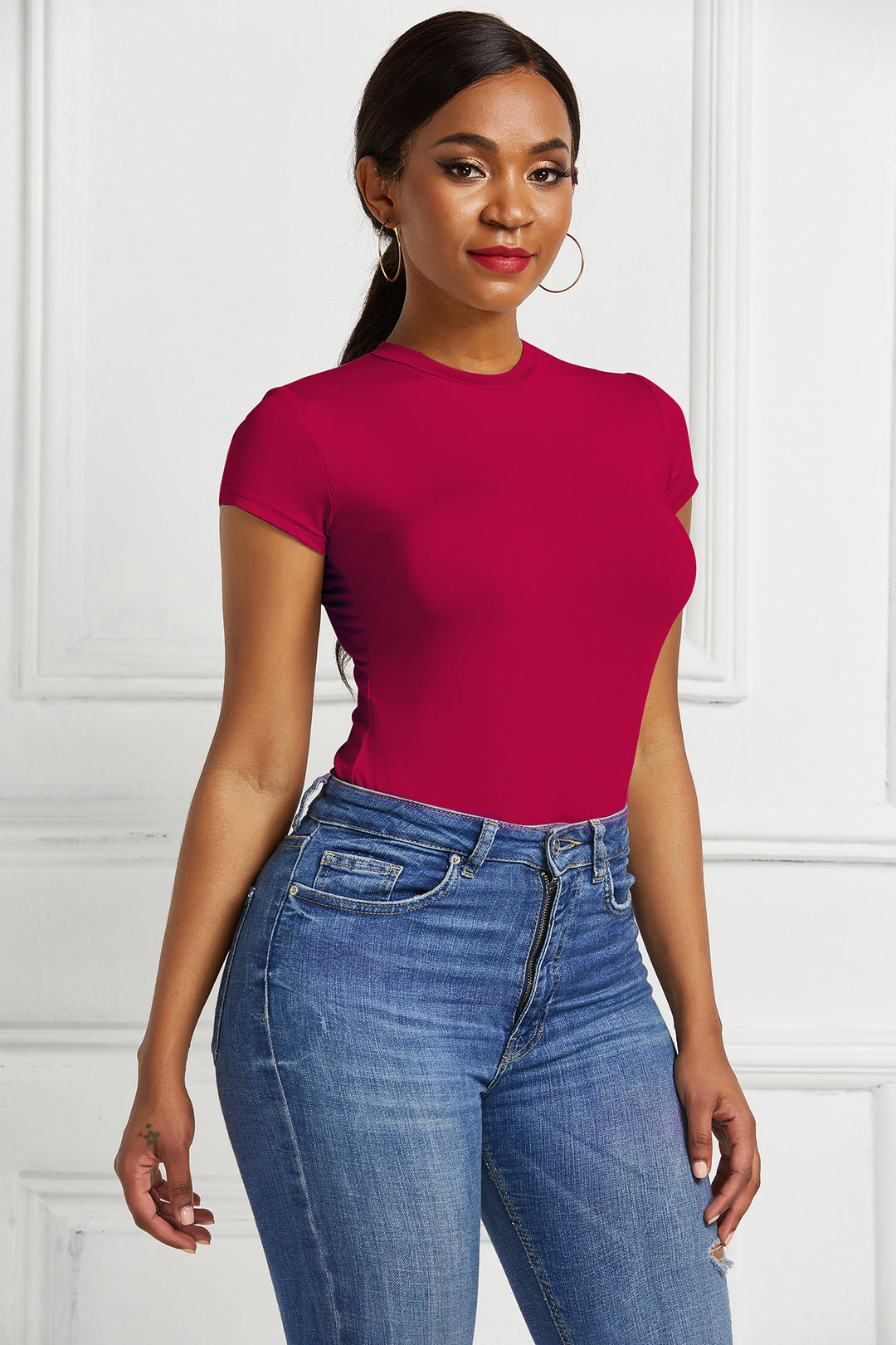 Damen figurbetonter Kurzarm-Bodysuit R&B