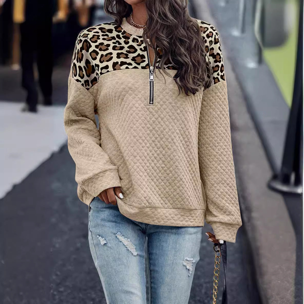 Damen lässiger Sweatpullover mit Tiermuster und Reißverschluss R&B