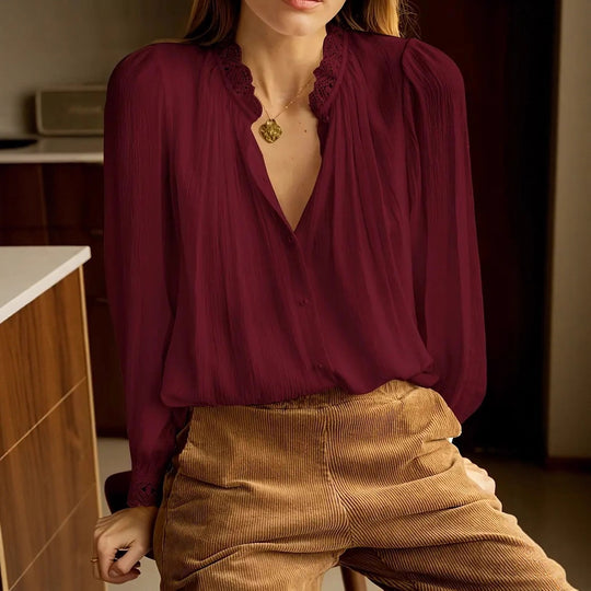 Damen Chiffonbluse mit romantischen Spitzenabschlüssen R&B
