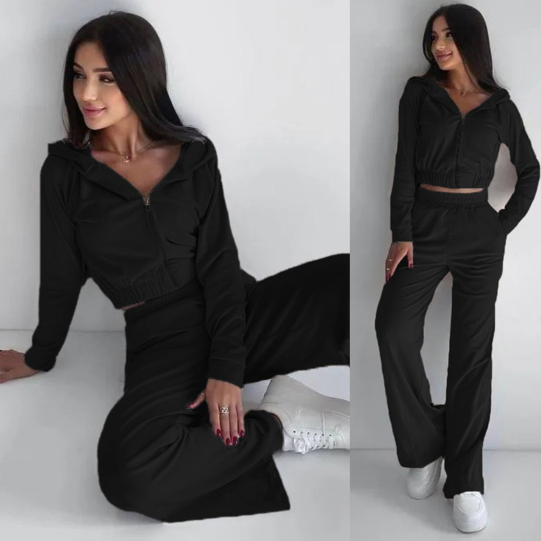 Damen sportliches Fleece Lounge-Set mit kurzem Schnitt und elastischem Bund R&B