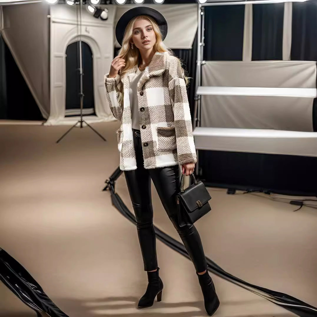 Damen Kuschelige Karojacke mit Druckknopfverschluss und Seitentaschen