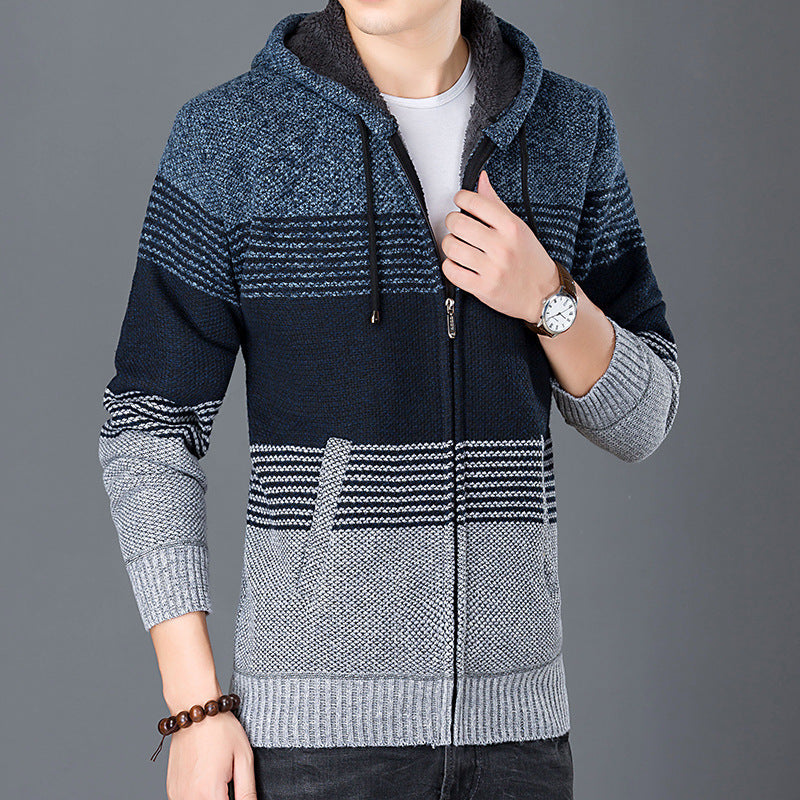 Herren Strickjacke mit Kapuze und modernen Blockstreifen R&B