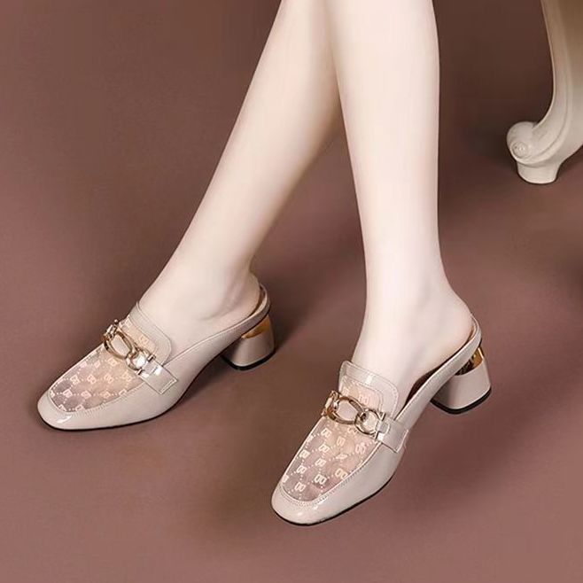 Damen elegante Mules mit transparentem Obermaterial und gildenen Akzenten R&B