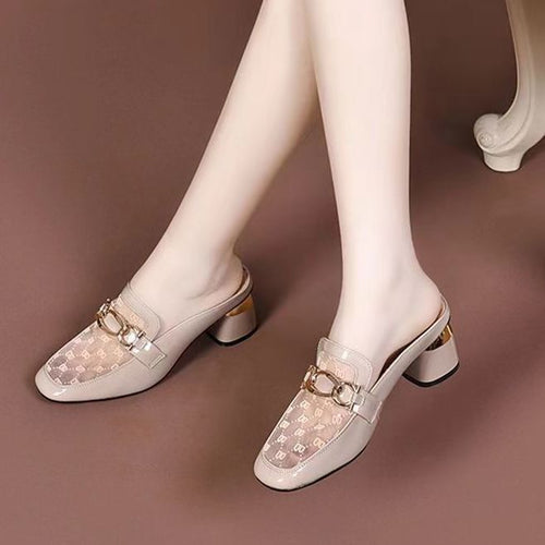 Damen elegante Mules mit transparentem Obermaterial und gildenen Akzenten R&B