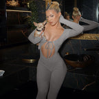Damen Figurbetonter Langarm-Jumpsuit mit herzförmigem Ausschnitt und schnürbarem Detail R&B