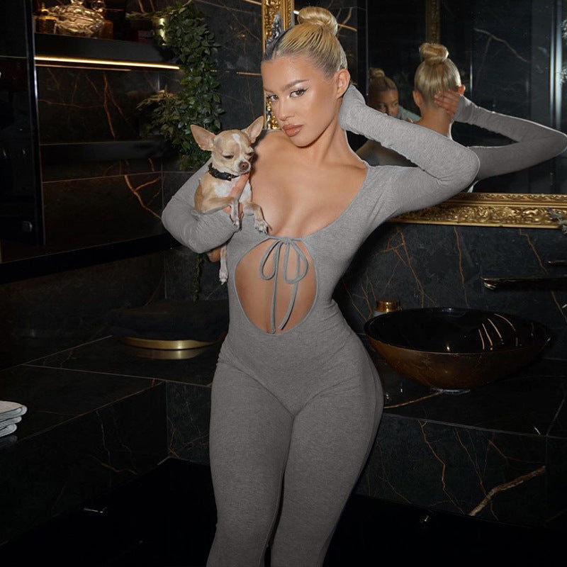Damen Figurbetonter Langarm-Jumpsuit mit herzförmigem Ausschnitt und schnürbarem Detail R&B