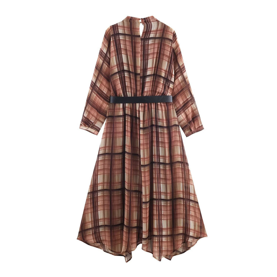 Damen Langarm Kleid im karierten Design mit asymmetrischem Saum und Bindegürtel R&B