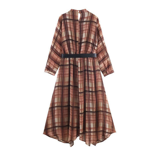 Damen Langarm Kleid im karierten Design mit asymmetrischem Saum und Bindegürtel R&B
