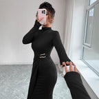 Damen nan figurbetontes Midikleid mit Stehkragen, Taillenraffung und asymmetrischem Saum R&B