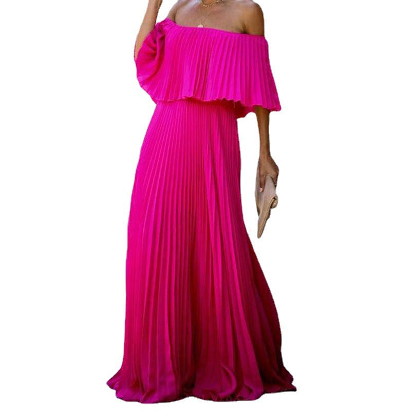 Damen Maxikleid mit asymmetrischem Plisseefall und schulterfreiem Design R&B