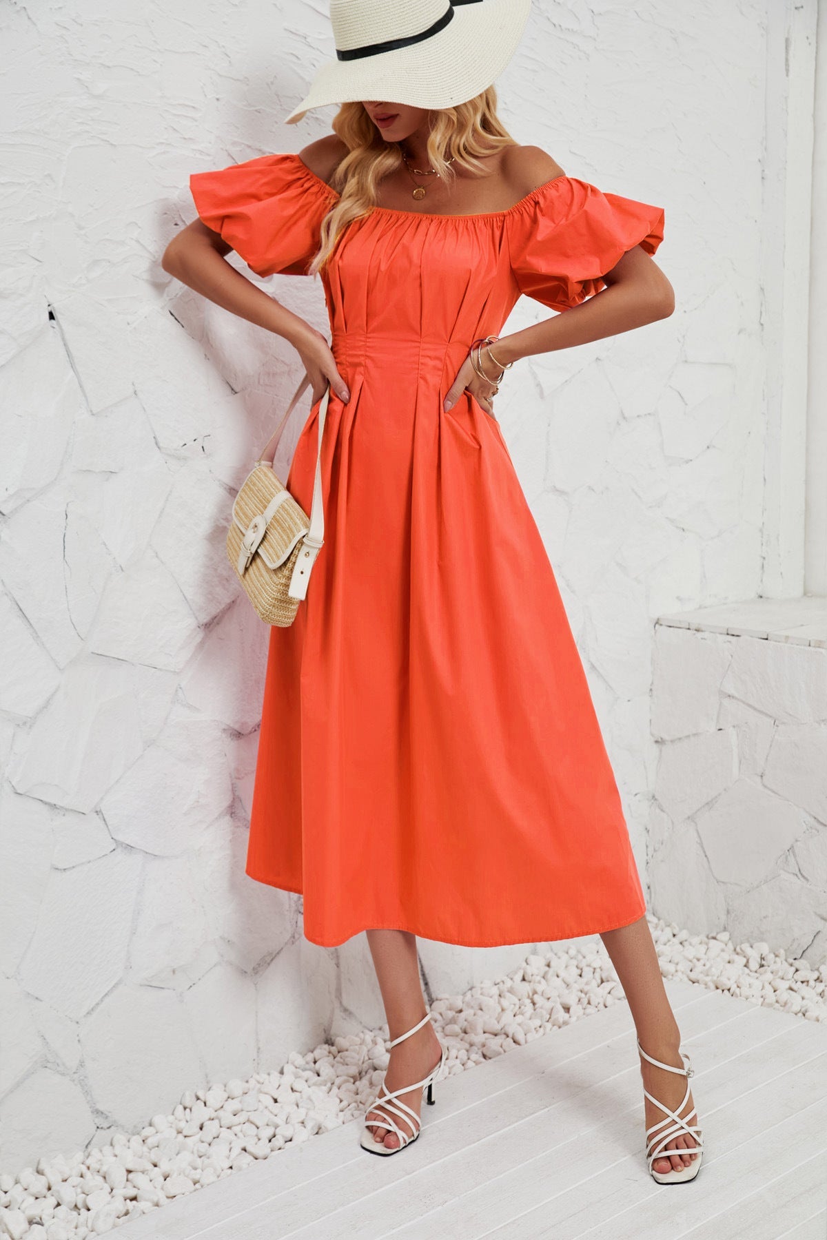 Damen Off-Shoulder Maxikleid mit voluminösen Puffärmeln und seitlichen Taschen R&B