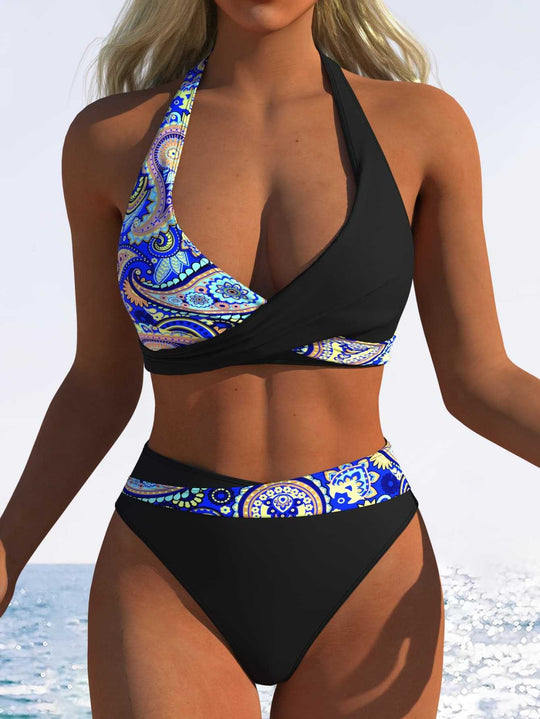 Damen Hoch geschnittenes Bikini-Set mit modischem Wickeloberteil und elastischem Bund R&B