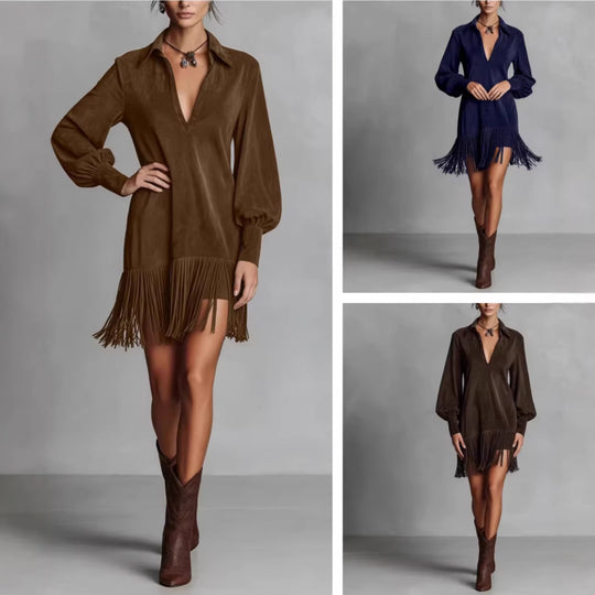 Damen Tunika-Kleid mit Fransen und V-Ausschnitt R&B