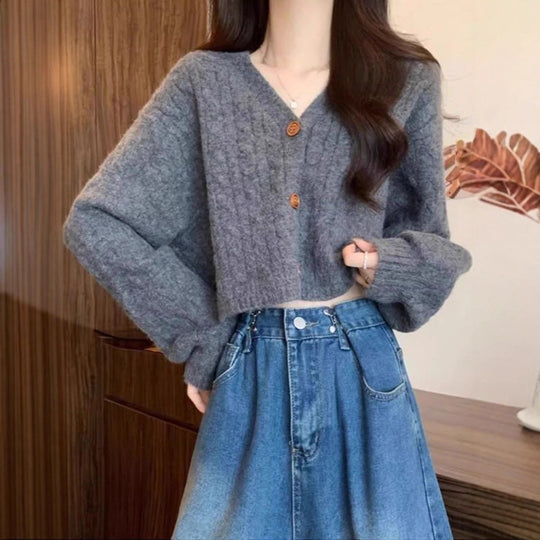 Damen kuscheliger Strickcardigan mit V-Ausschnitt und großen Knöpfen R&B