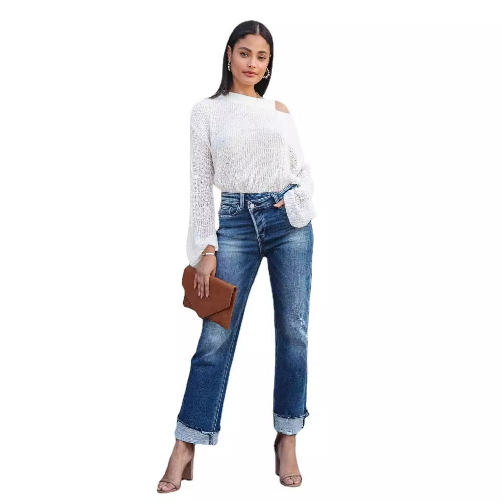 Damen lässige Flared Jeans mit modischen Fransen und hohem Bund R&B
