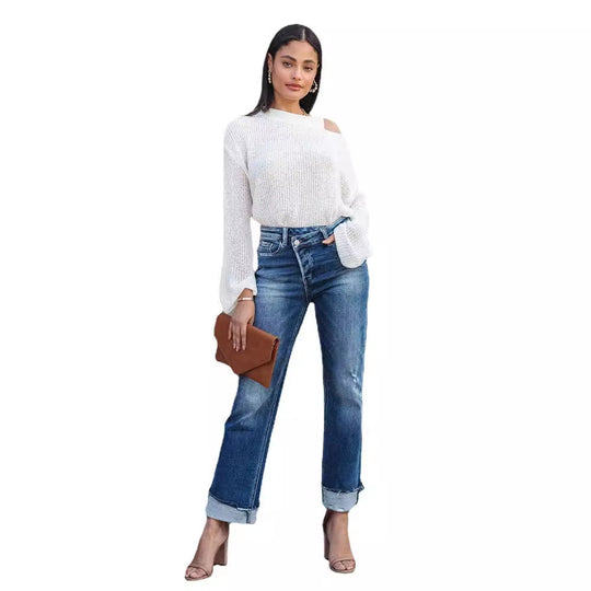 Damen lässige Flared Jeans mit modischen Fransen und hohem Bund R&B