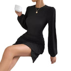 Damen figurbetontes Kleid mit Rüschensaum und langen Ärmeln R&B
