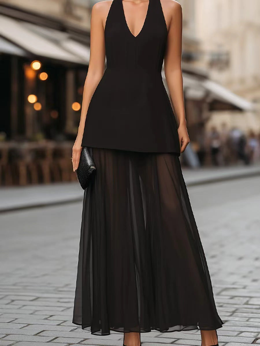 Damen Elegantes Maxikleid mit tiefem V-Ausschnitt und transparentem Überrock R&B