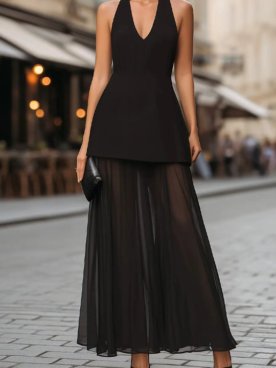 Damen Elegantes Maxikleid mit tiefem V-Ausschnitt und transparentem Überrock R&B