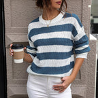 Damen gestreifter Strickpullover mit lässigem Schnitt und hohem Kragen R&B