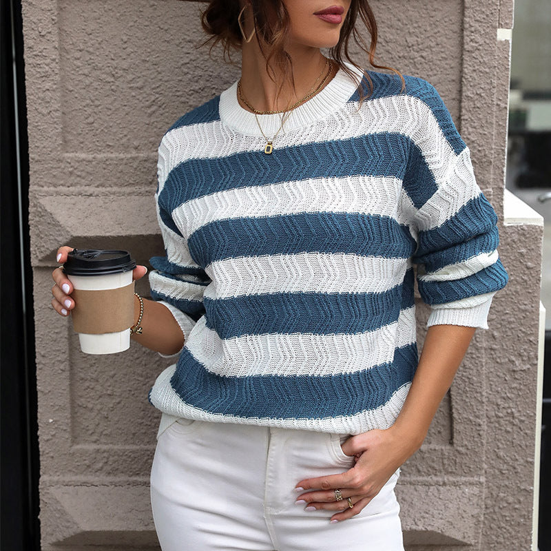 Damen gestreifter Strickpullover mit lässigem Schnitt und hohem Kragen R&B