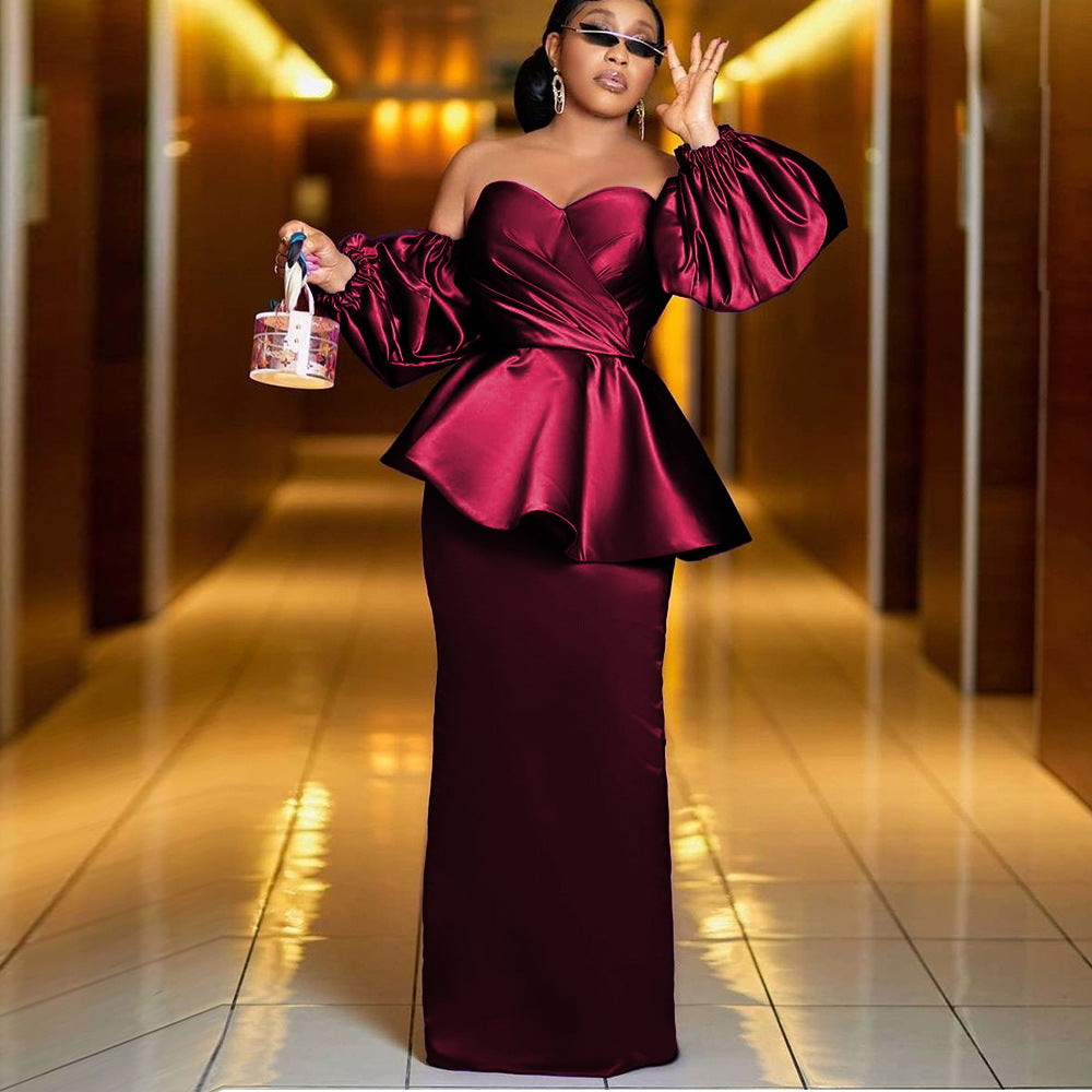 Damen Elegantes Kleid mit schulterfreiem Design und voluminösen Puffärmeln R&B