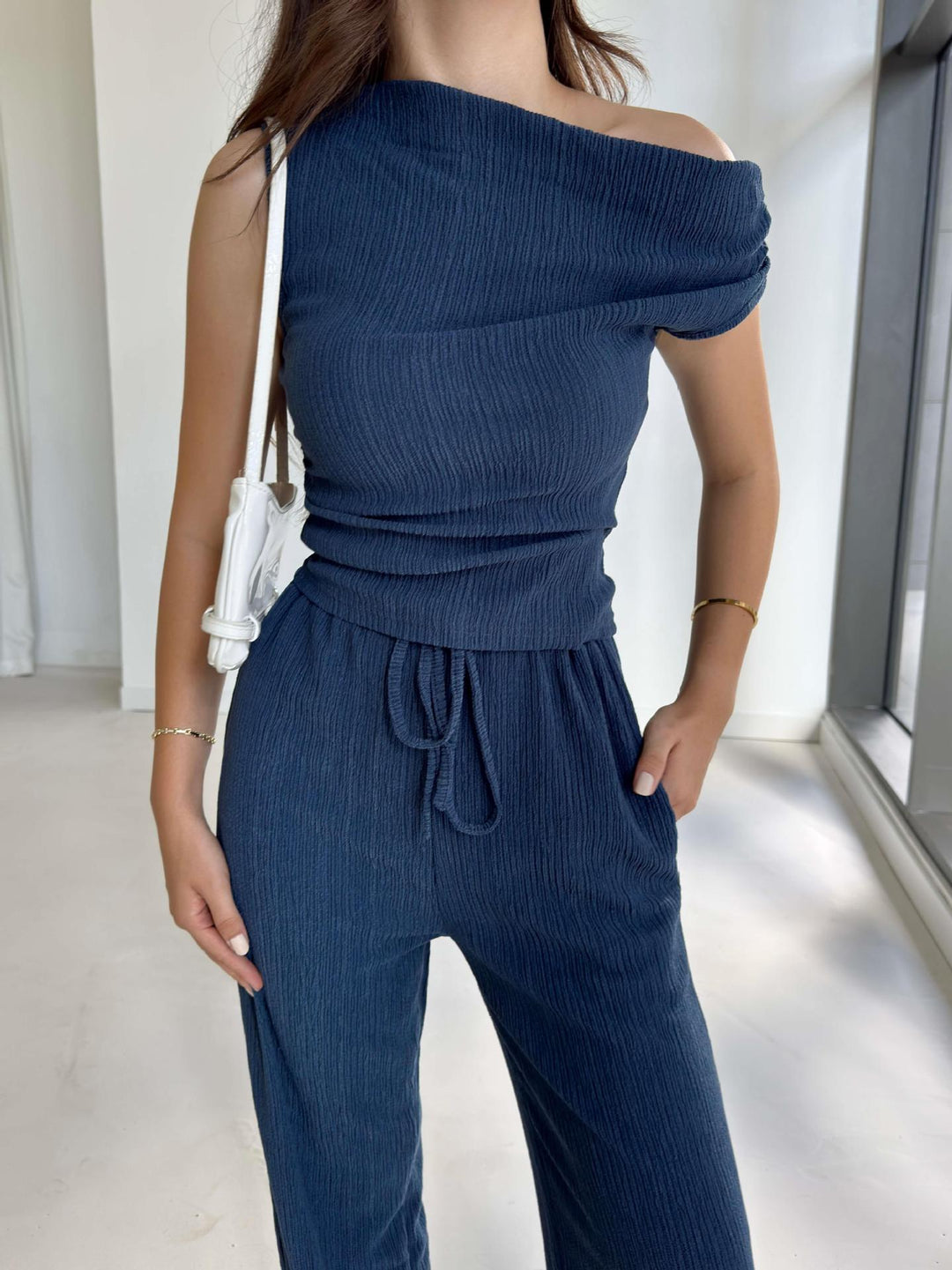 Damen Off-Shoulder Jumpsuit mit elastischem Bund und lässigem Schnitt R&B
