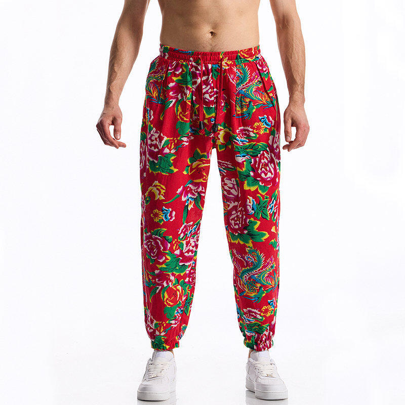 Herren lässige Haremshose mit buntem Blumenmuster und Gummizug R&B