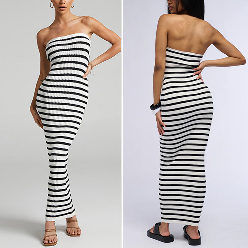 Damen Maxikleid mit Rippstrick und schulterfreiem Design R&B