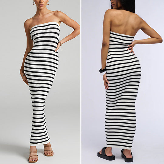 Damen Maxikleid mit Rippstrick und schulterfreiem Design R&B