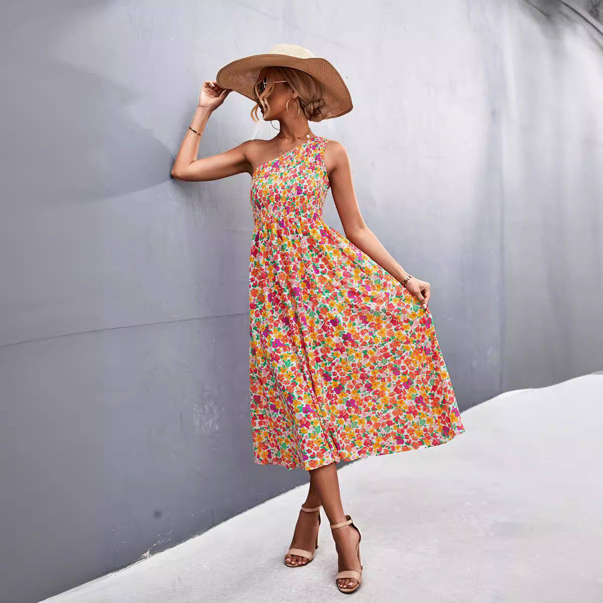 Damen Maxikleid mit asymmetrischem Trägerdesign und floralem Allover-Muster R&B