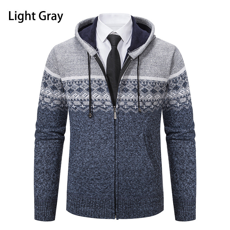 Herren stilvolle Strickjacke mit Kapuze und Norweger-Muster R&B