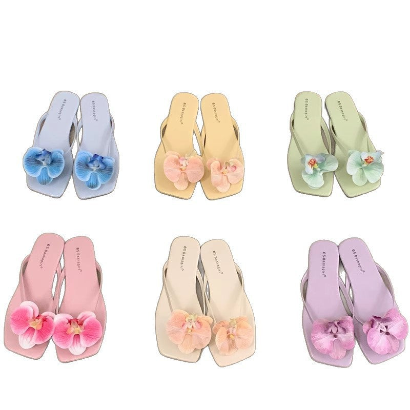 Damen Flip-Flops mit dekorativen Orchideen-Applikationen EB