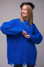 Damen Oversized Strickpullover mit einzigartigem Lochmuster und Rippenstruktur R&B