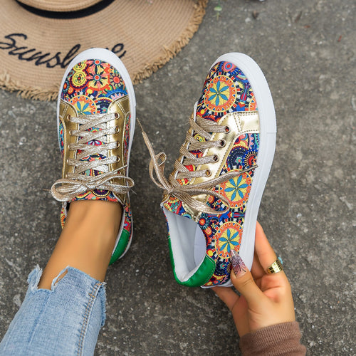 Damen Moderne Sneakers mit buntem Muster und glänzenden Schnürsenkeln R&B