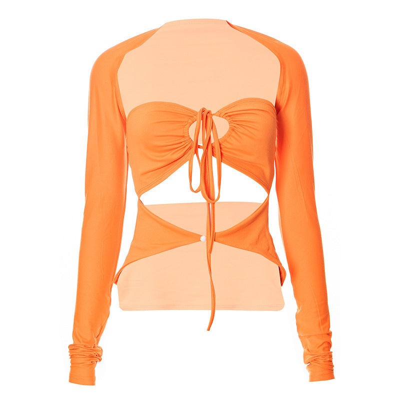 Damen Langarm-Trägershirt mit kreativem Cut-out und eleganter Wickeloptik R&B
