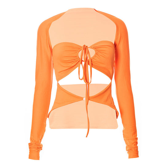 Damen Langarm-Trägershirt mit kreativem Cut-out und eleganter Wickeloptik R&B