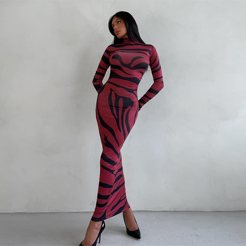 Damen Elegantes transparentes Maxikleid mit Leopardenmotiv und langem Arm R&B