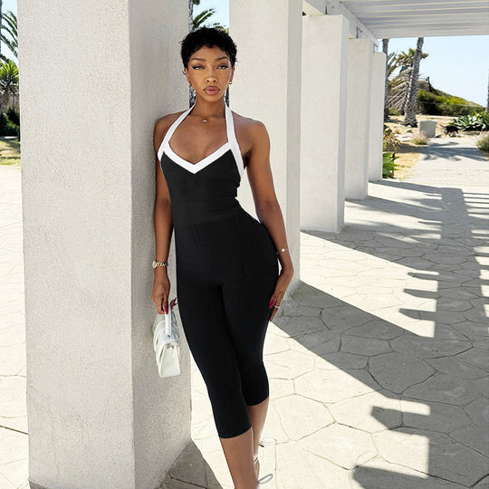 Damen eleganter, figurbetonter Jumpsuit mit V-Ausschnitt und raffinierter Schnürung R&B