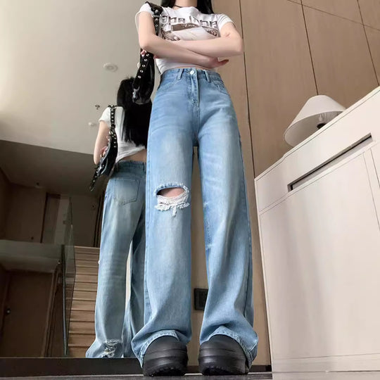 Damen Weit geschnittene Destroyed Jeans im lässigen Vintage-Stil R&B