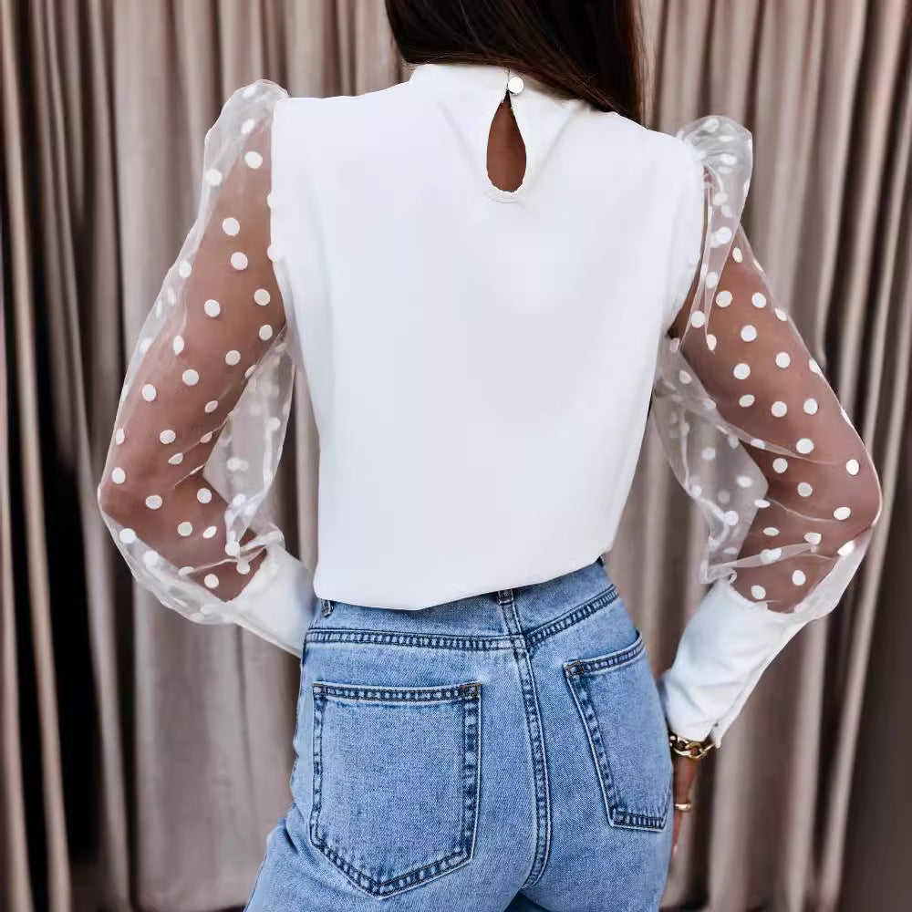Damen Bluse mit transparenten Puffärmeln und Punktmuster R&B