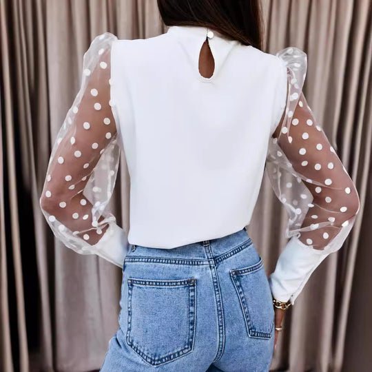 Damen Bluse mit transparenten Puffärmeln und Punktmuster R&B