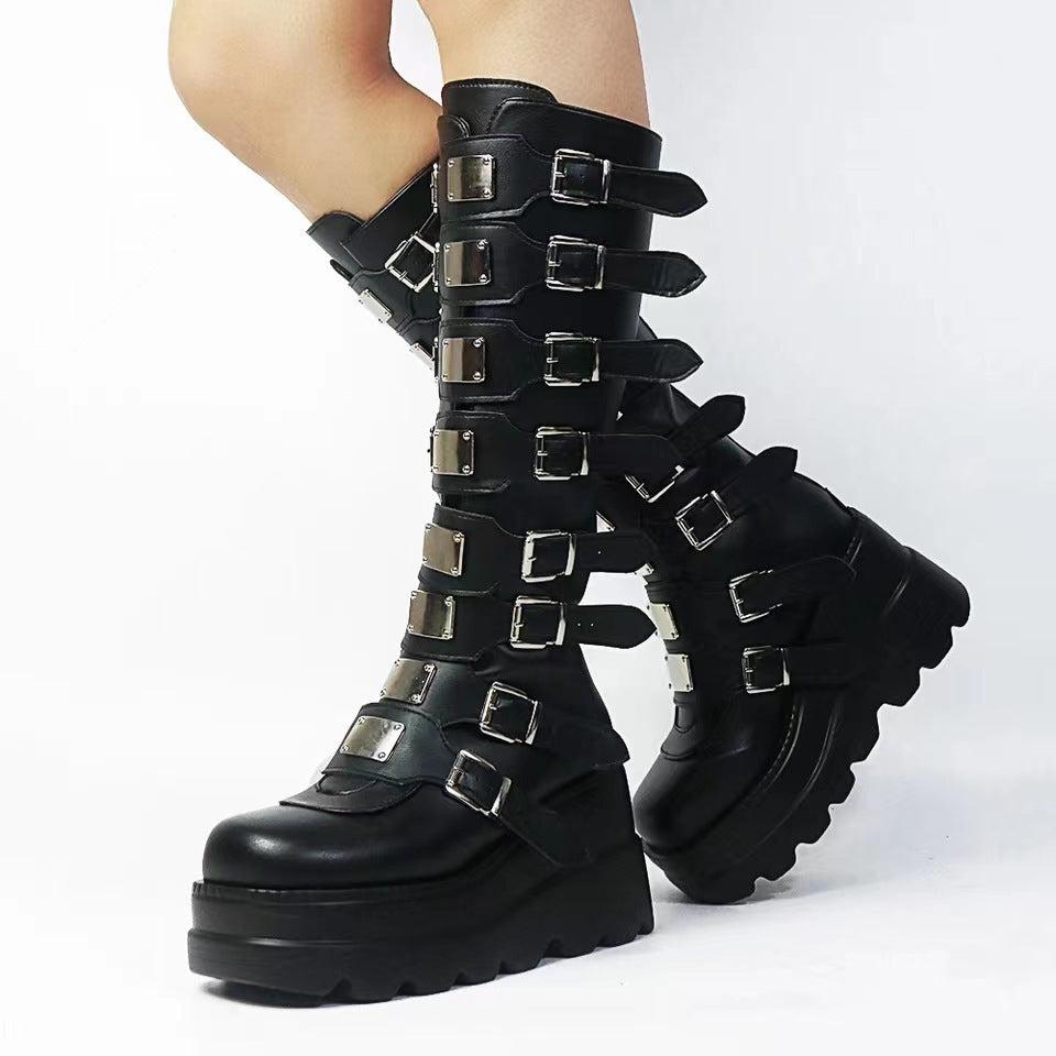 Damen Plattform Stiefel mit modischem Schnallen-Design und stabiler Sohle R&B