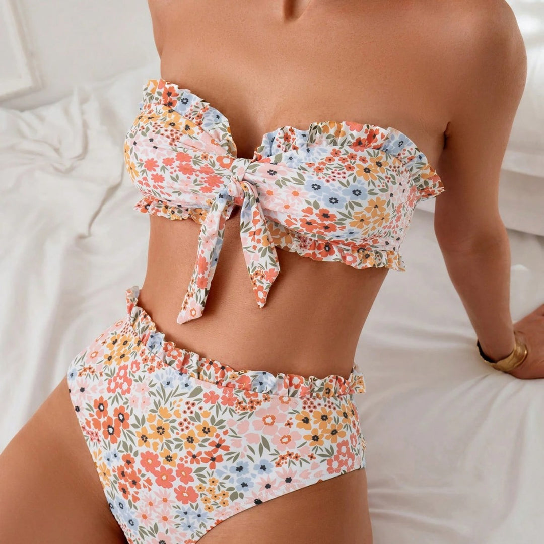 Damen Bikini-Set mit romantischen Rüschendetails und hohem Taillenbund R&B