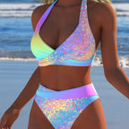 Damen hochgeschnittener Bikini mit modernem Wickeldesign und schimmerndem Leopardenmuster
