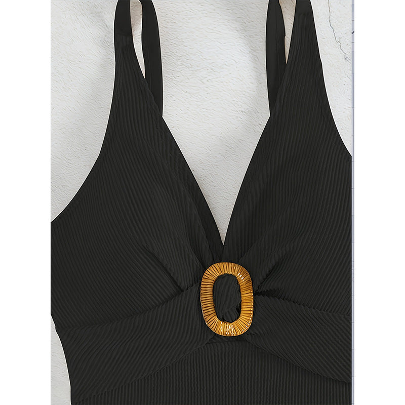Damen Einteiler Badeanzug mit modischem V-Ausschnitt und romantischem Ringdetail R&B