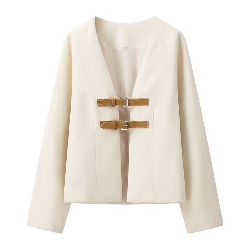 Damen elegante Bouclé-Jacke mit dekorativen Schnallen R&B