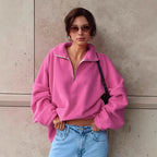 Damen lässiger Fleece-Pullover mit halbem Reißverschluss und oversized Schnitt R&B
