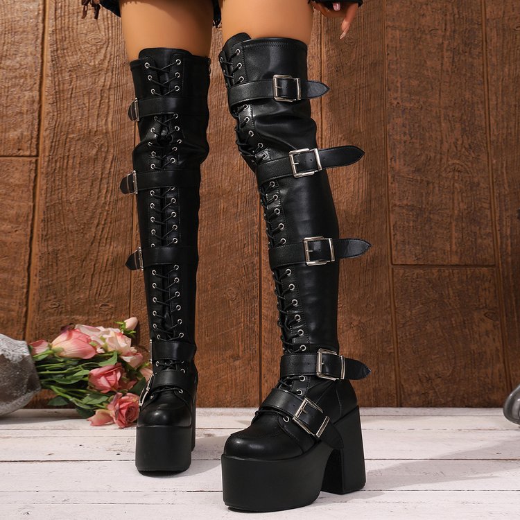 Damen Overknee Stiefel mit modischen Schnallen und hochmodernem Plateau R&B